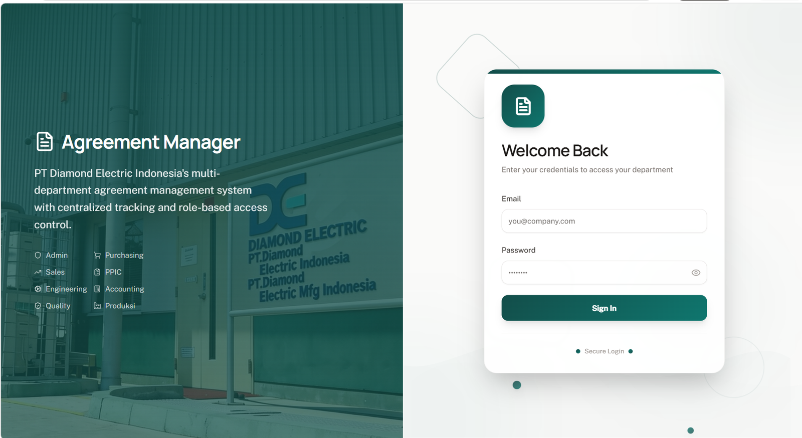 Tampilan login Agreement Manager untuk project custom system